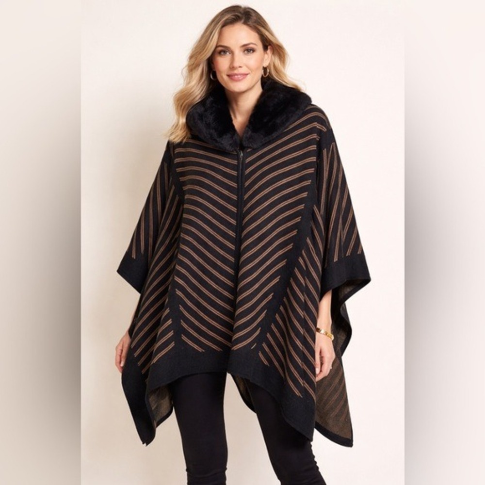 Anne Klein Zip Front Poncho Women S Black Tan NWT Faux Fur Collar Striped Wrap